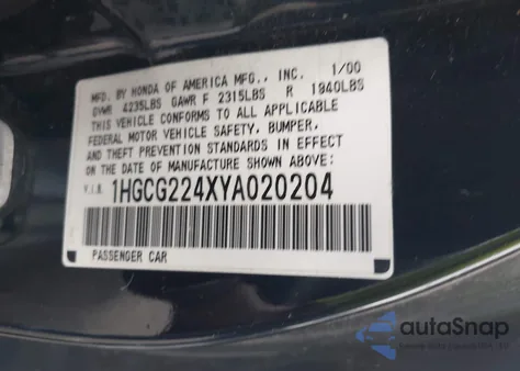 2000 Honda Accord 3.0 Lx z USA, uszkodzony, nr VIN 1HGCG224XYA020204